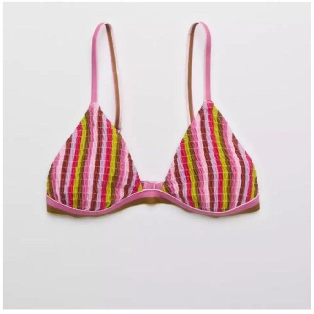NEW Aerie Retro Striped Seersucker Triangle Bikini Top Pink Multi Textured XL